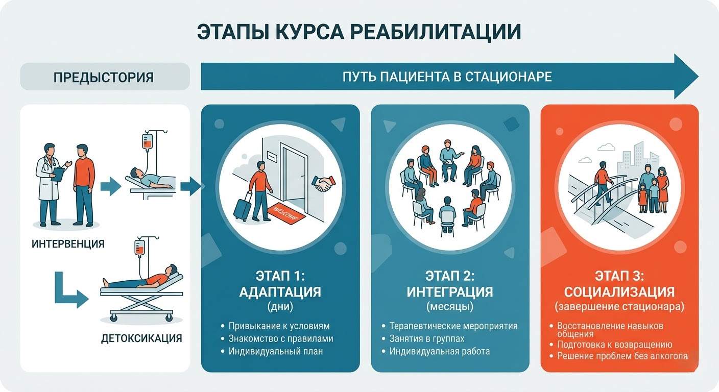 Инфографика этапов реабилитации алкозависимых: от интервенции и детоксикации до адаптации, интеграции и социализации в стационаре